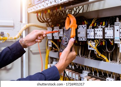 Electrician measurements with multimeter testing current electric in control panel. - Shutterstock ID 1726901317