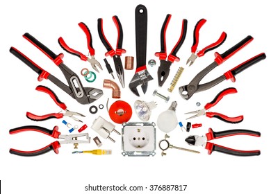 Electrician And Plumber Tools With Accessories, Isolated White Background