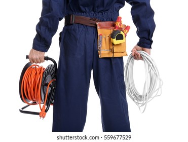 Electrician With Special Tools On White Background, Closeup