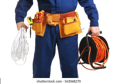 Electrician With Special Tools On White Background, Closeup