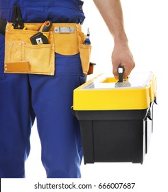 Electrician with toolbox on white background, closeup