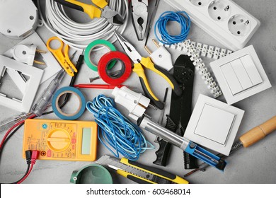 Electrician Tools On Grey Background