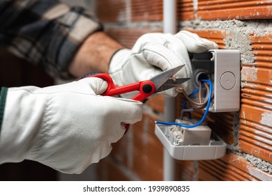 Electrician worker at work with scissors prepares electrical cables of a residential electrical system. Construction industry.