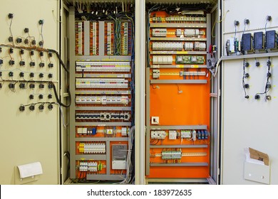 Electricity distribution box with wires and circuit breakers (fuse box) 