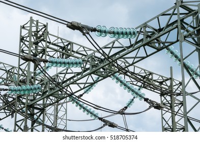 Electricity Distribution. Elements Of Electrical Pylon - Insulators, Cables And Fasteners.