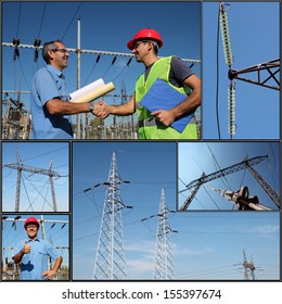 Electricity Distribution. Electricity Pylon. Power Lines. Electrical Engineer. Collage of photographs showing electric company workers at the power substation with power distribution equipment.