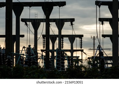 The Electricity Distribution Station Concrete Pylons With Insulators And Cables