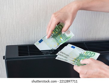 Electricity European Energy Gas Crisis Bill Goes Up, Money Banknotes At Winter Home. High Prices On Warm Heat Radiator. Consumption Concept With A Warm Toggle Bar.