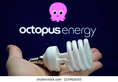 Electricity And Gas Suppliers OCTOPUS ENERGY Logo Seen On Blurred Background And Energy Saving Bulb In Front. United Kingdom, Stafford, December 18, 2021.