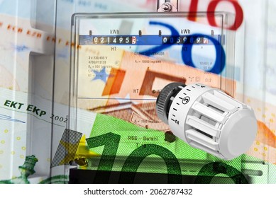 Electricity Meter And Heating Valve Energy Costs With Euro Banknotes Concept Abstract