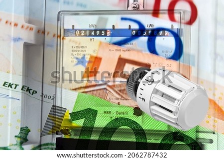 Electricity meter and heating valve energy costs with euro banknotes concept abstract