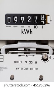 Electricity meter showing showing reading digits, kilowatt hour symbol and recording dial.