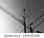 electricity post in black and white, power lines in the city