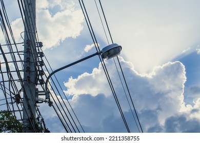 Electricity Power Cable Line With Street Lamp In The City Morning Day Beautiful Sky Background