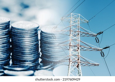 Electricity prices background. Household expenses rising. Electrical pole and cash. Power consumption background. Coins stacked. Costs of living. Power supply industry. - Shutterstock ID 2197609429