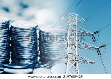 Electricity prices background. Household expenses rising. Electrical pole and cash. Power consumption background. Coins stacked. Costs of living. Power supply industry.