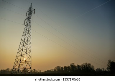 electricity pylons at sunset, beautiful photo digital picture