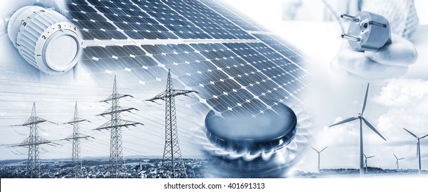 Electricity Pylons, Wind Turbines And Solar Panel With Plug, Gas Flame And Heating Thermostat