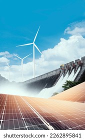 Electricity from solar panels, dams, and wind turbines. Environmentally-friendly renewable energy concept.	
