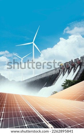 Electricity from solar panels, dams, and wind turbines. Environmentally-friendly renewable energy concept.	
