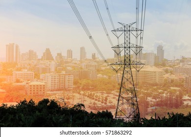 Electricity Tower And Electric Line, Power Line And City Building, Double Exposure