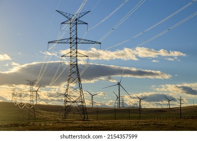 Electricy Transmission Metal Utility Pole Power Infrastructure In The Canadian Prairies In Alberta, Canada.