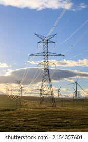 Electricy Transmission Metal Utility Pole Power Infrastructure In The Canadian Prairies In Alberta, Canada.