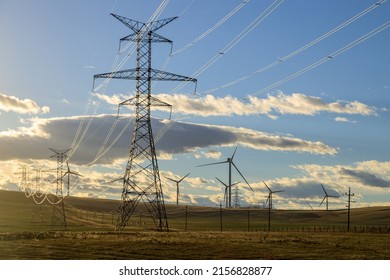 Electricy Transmission Metal Utility Pole Power Infrastructure In The Canadian Prairies In Alberta, Canada.