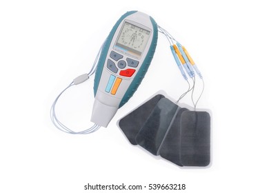 Electro Stimulation equipment used for sports fitness and physiotherapy isolated on white background.