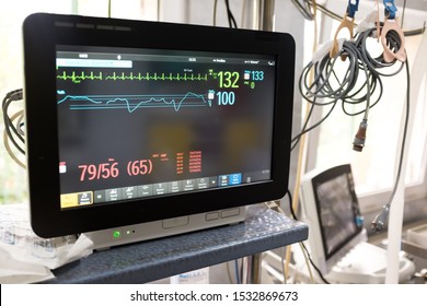 Electrocardiograph (ECG Or EKG) Unit In A Hospital Emergency Room, Black Monitor Screen Showing Heart Rate & Pulse,COVID-19 Coronavirus USA Pandemic Healthcare Crisis,high Death Toll & Mortality Rate