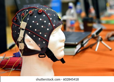 The electroencephalogram (EEG) head cap with flat metal discs (electrodes) attached to a white plastic model’s head shown in a science exhibition, with laptops blurred at the background.