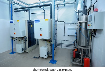 Electrolysis units set in the hall of the disinfecting water at the pumping station. June 5, 2019. Kiev, Ukraine