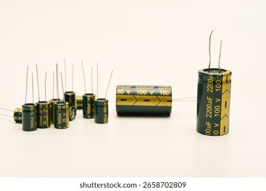 Electrolytic capacitors of different nominal values. Energy storage devices. Electronic radio elements.
