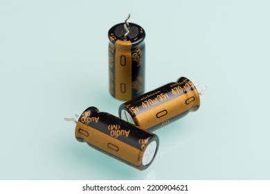 electrolytic capacitors, used in electronic device. Electronic parts concept.