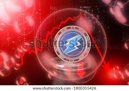 Electroneum ETN coin in a soap bubble. Risks and dangers of investing to Electroneum cryptocurrency. Collapse of the exchange rate. Unstable concept. Down drop crash bubble