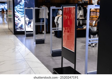 Electronic anti-theft gate system at retail shop entrance to deter shoplifting