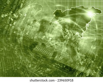 Electronic background with map, device and digits, in sepia.
