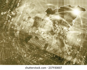 Electronic background in sepia with map, device and digits.