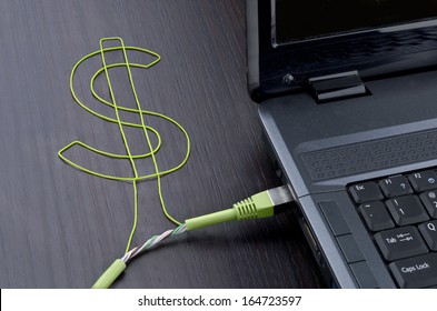Electronic banking. Green ethernet cable forming a dollar sign