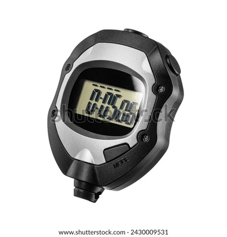 Electronic black plastic stopwatch with five seconds on the screen isolated on white background.