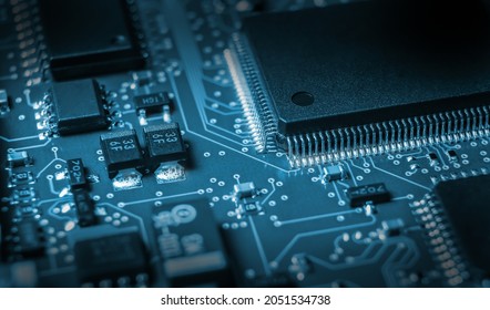 electronic board with active and passive surface mounted components close up