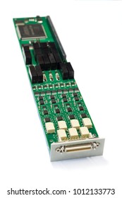 Electronic board with installed electronic components. Isolated on white background