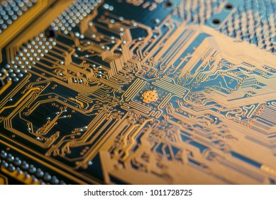 Electronic Board with the lines and chips, semiconductor elements closeup. The concept of the technology of solid-state microelectronics