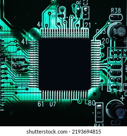 electronic board processor close-up. flat lay. macro. elements of the electronic board.