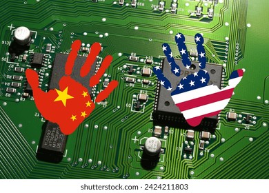 Electronic board with processor and microchip with handprints with the colors of Chinese and USA Flags. Concept for global battle and monopoly on microchip manufacturing between China, Taiwan and USA