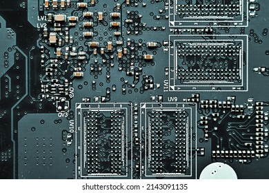 electronic board with surface mounted components, RAM, close up