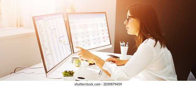 Electronic Calendar On Computer. Woman Scheduling Agenda
