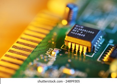 Electronic Chip On Circuit Board. Macro Close-up, Shallow DOF.