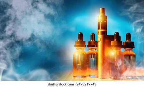 Electronic cigarette. Vape device. Aromatic oils for vaping. Device for vapers. E-cig in smoke. Vape juices. Electronic cigarette on blue. Bottles with vape liquid on table. Vaper kit - Powered by Shutterstock