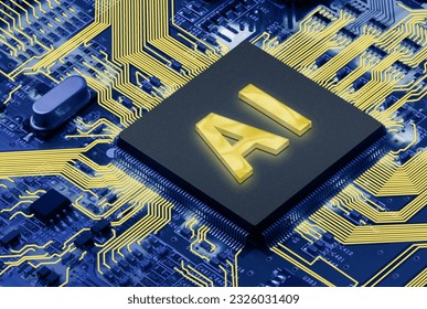 Electronic circuit board with AI processor, close up